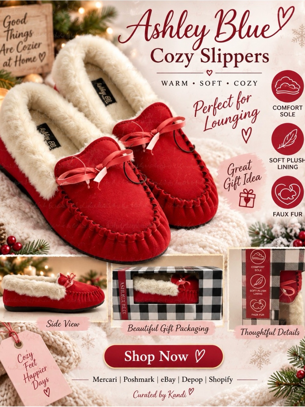 ASHLEY BLUE Cozy Luxe Women’s Slippers - Red Faux Fur Comfort (Size 9)